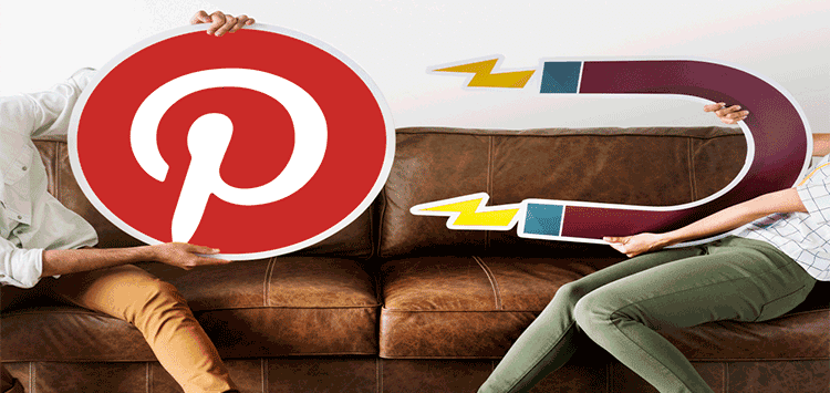 Um homem e uma mulher sentados em um sofá com um ícone do Pinterest sendo atraido por um imã